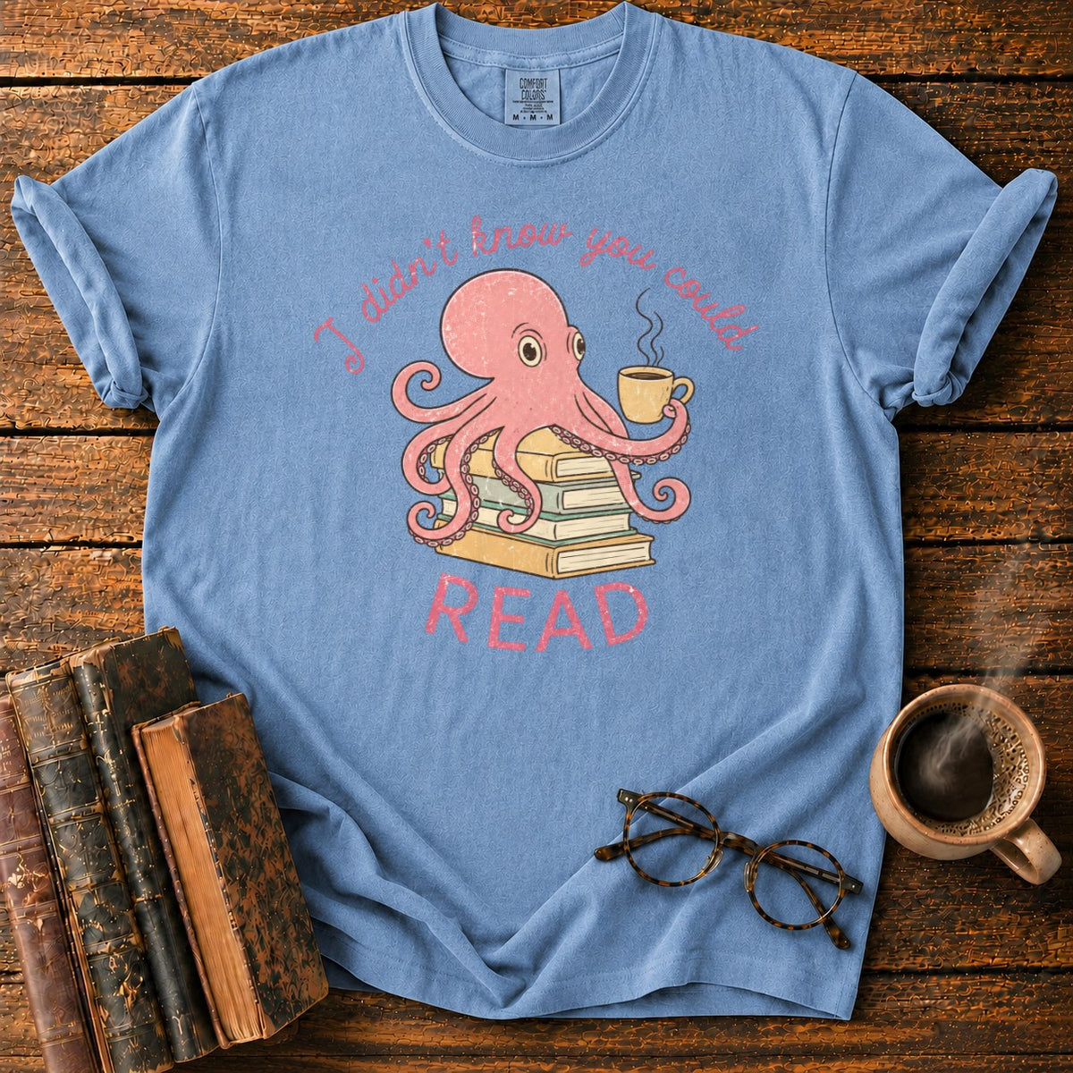 Bookish Octopus With Coffee T-Shirt in Blue Jean – BooksThreads