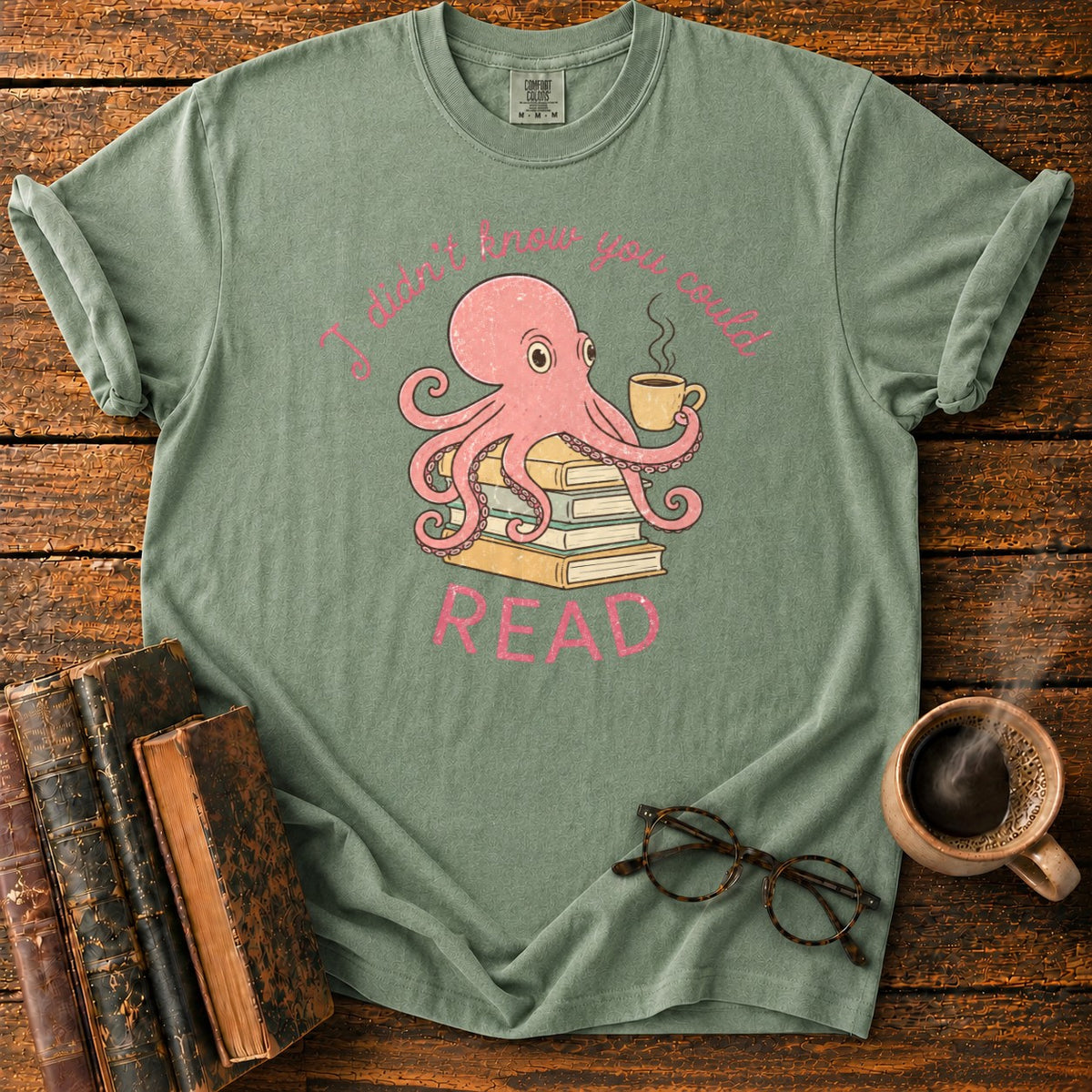Bookish Octopus With Coffee T-Shirt in Moss – BooksThreads
