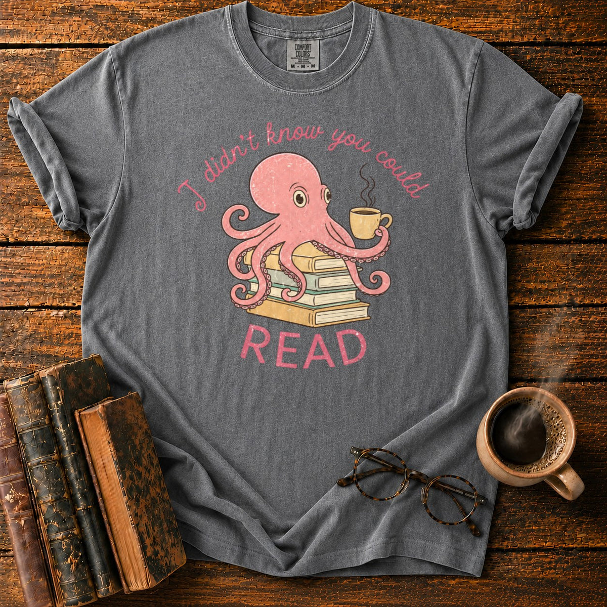 Bookish Octopus With Coffee T-Shirt in Pepper – BooksThreads