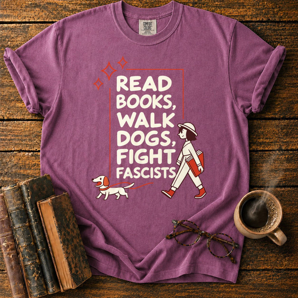 Books, Dogs, And A Walking Woman T-Shirt in Berry – BooksThreads