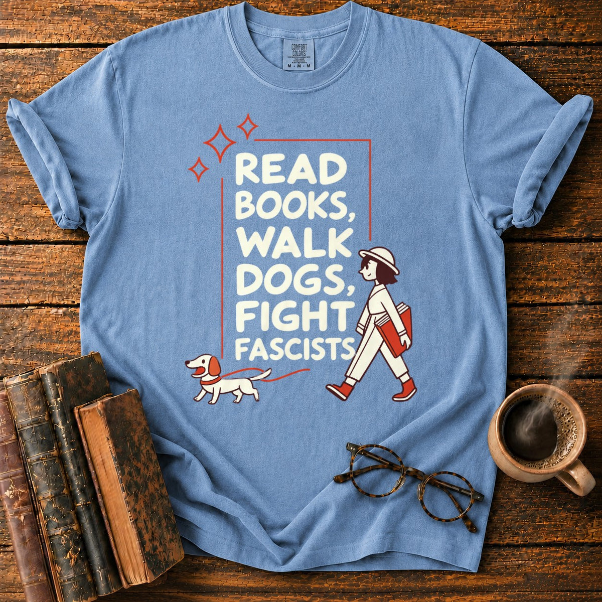 Books, Dogs, And A Walking Woman T-Shirt in Blue Jean – BooksThreads