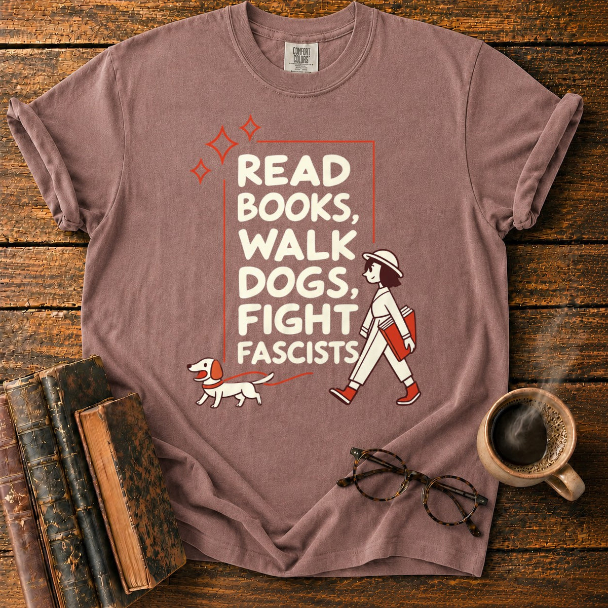 Books, Dogs, And A Walking Woman T-Shirt in Espresso – BooksThreads