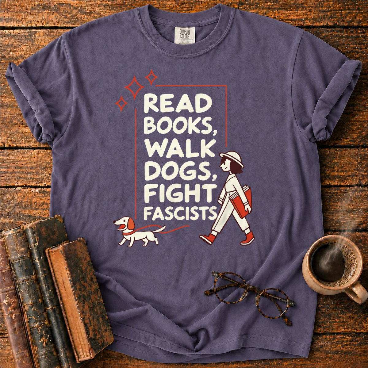 Books, Dogs, And A Walking Woman T-Shirt in Grape – BooksThreads