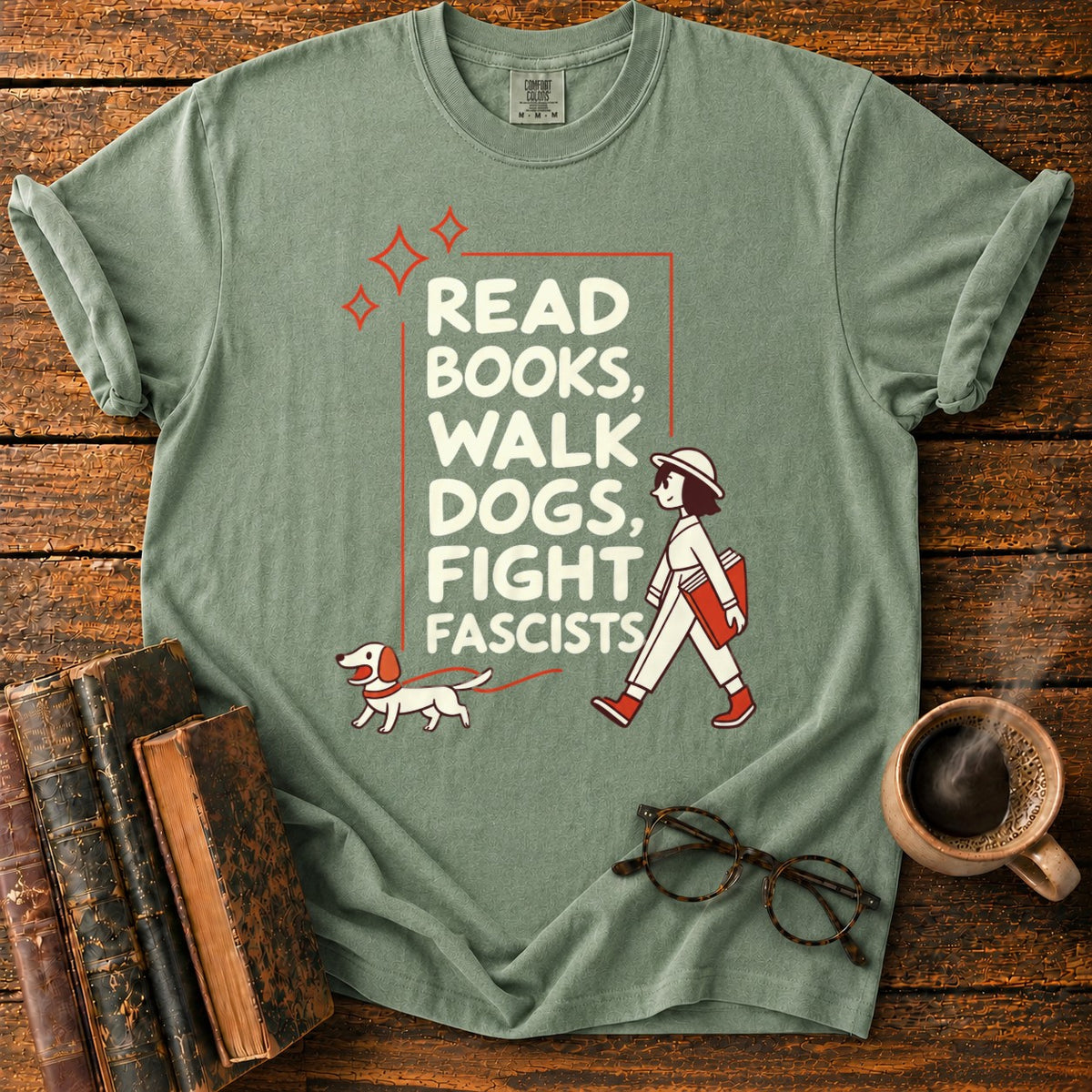 Books, Dogs, And A Walking Woman T-Shirt in Moss – BooksThreads