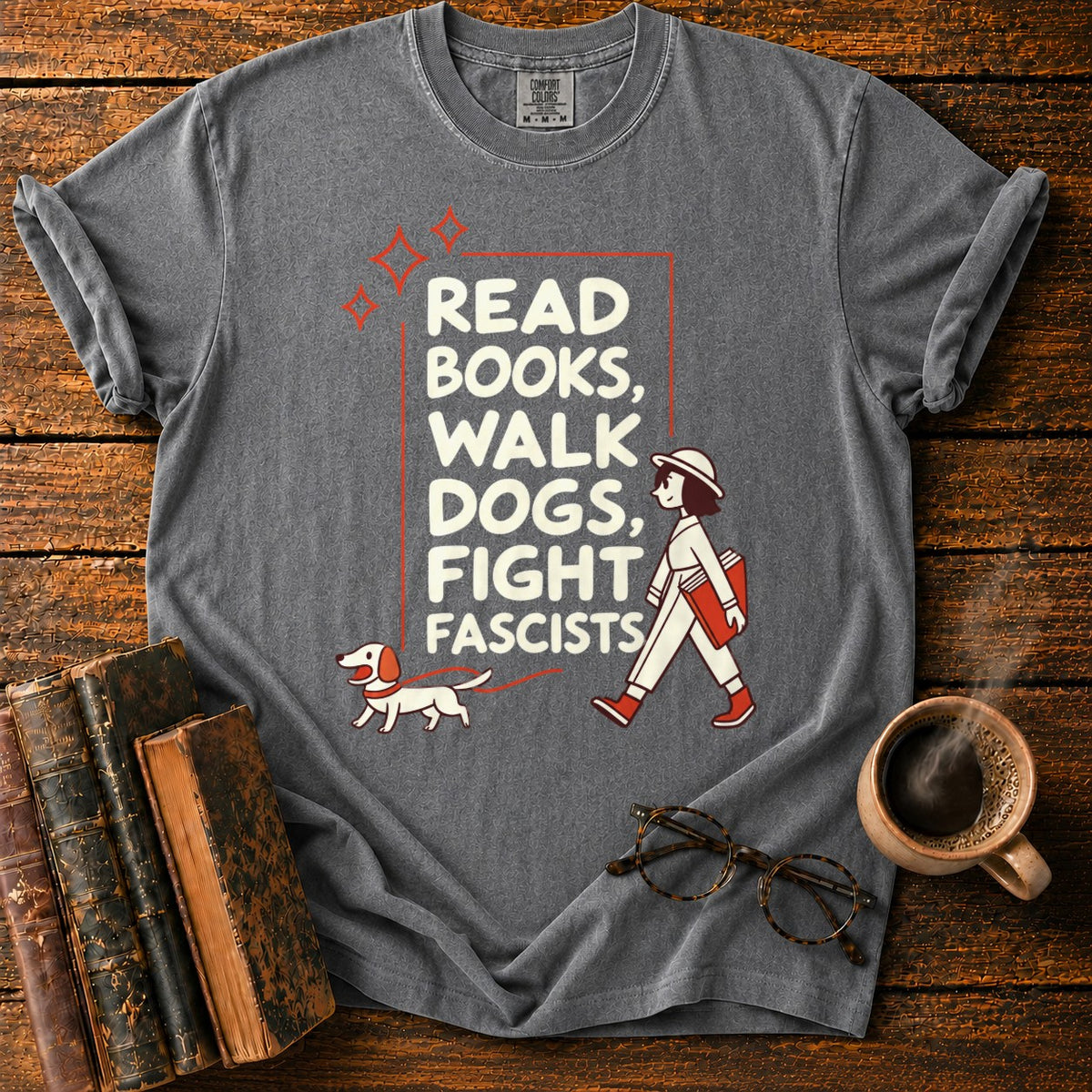 Books, Dogs, And A Walking Woman T-Shirt in Pepper – BooksThreads