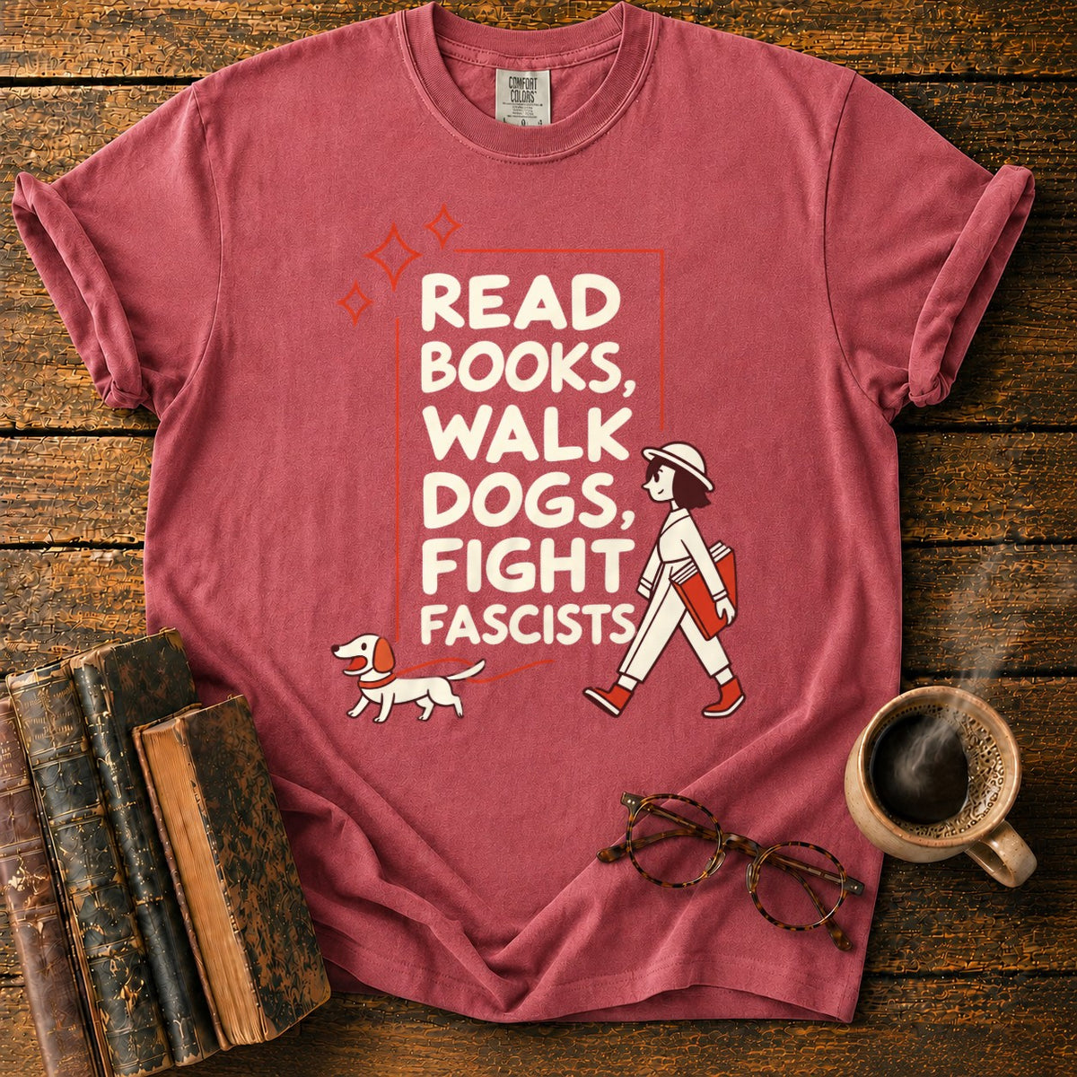Books, Dogs, And A Walking Woman T-Shirt in Watermelon – BooksThreads