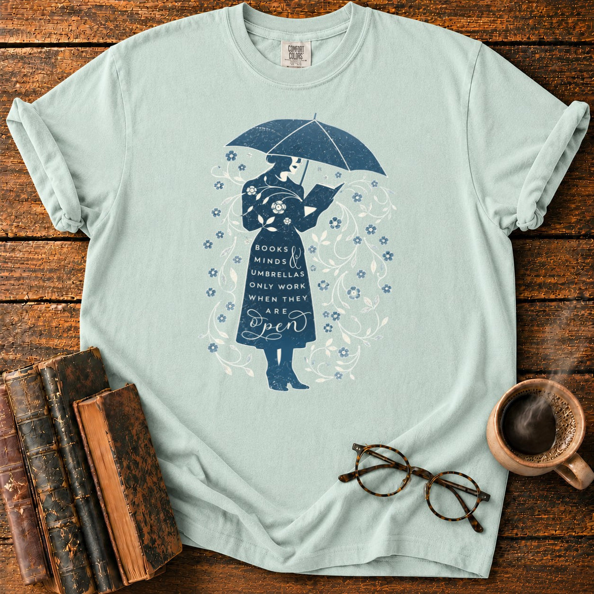 Books, Minds & Umbrellas T-Shirt in Bay – BooksThreads