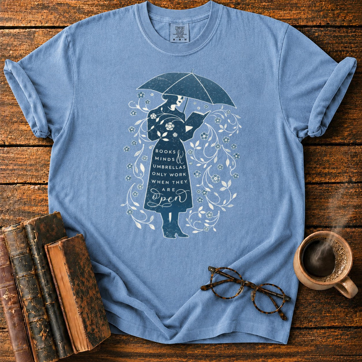 Books, Minds & Umbrellas T-Shirt in Blue Jean – BooksThreads
