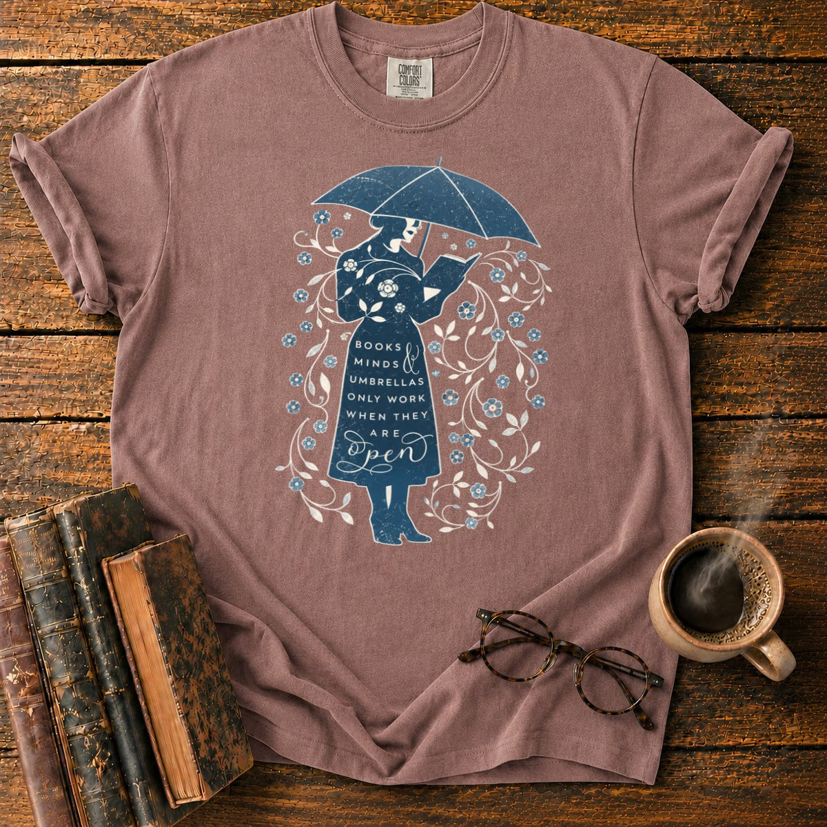 Books, Minds & Umbrellas T-Shirt in Espresso – BooksThreads