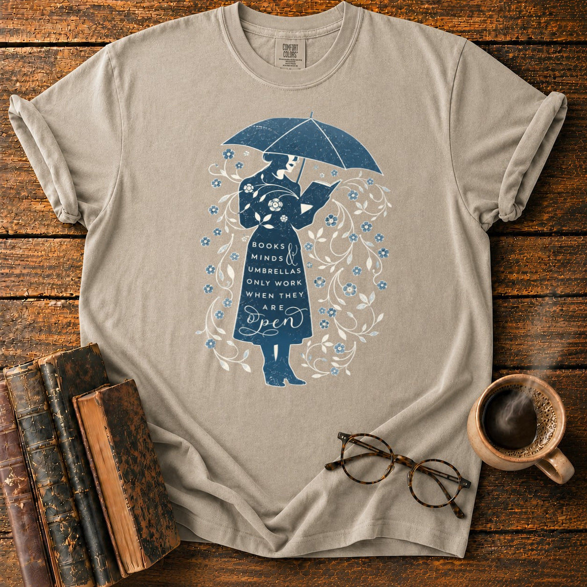 Books, Minds & Umbrellas T-Shirt in Khaki – BooksThreads