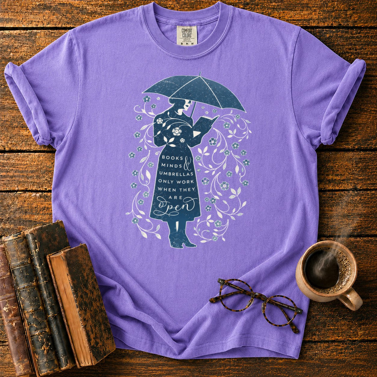 Books, Minds & Umbrellas T-Shirt in Violet – BooksThreads