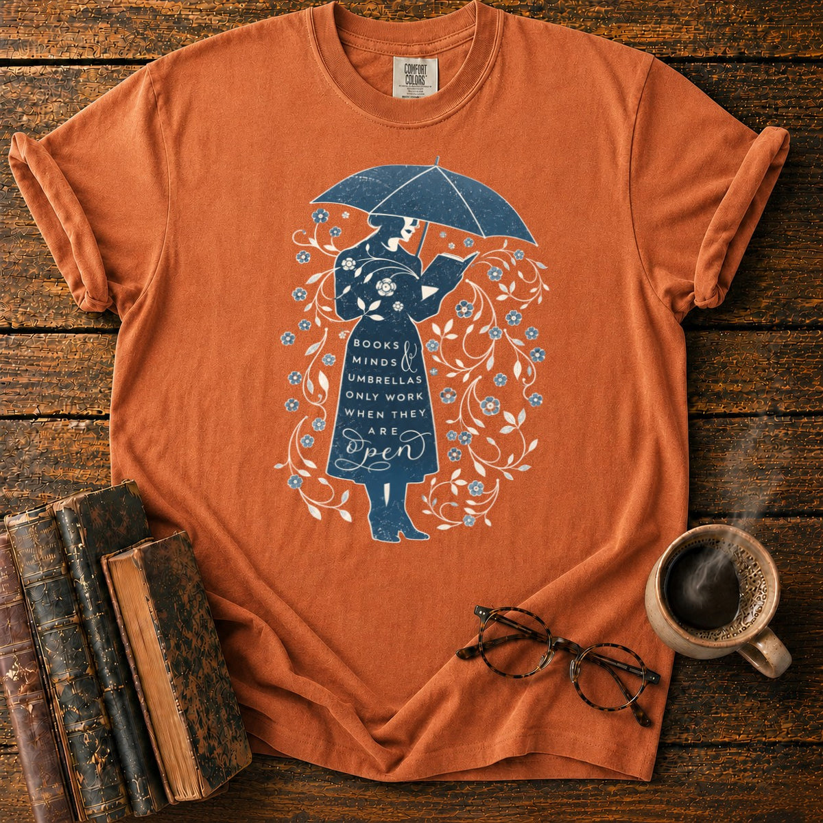 Books, Minds & Umbrellas T-Shirt in Yam – BooksThreads