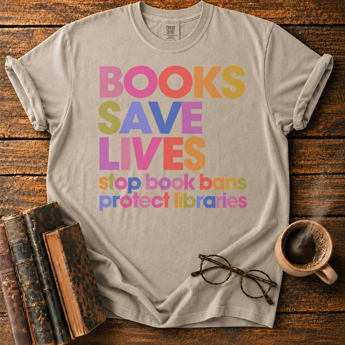 Books Save Lives T-Shirt in Khaki – BooksThreads