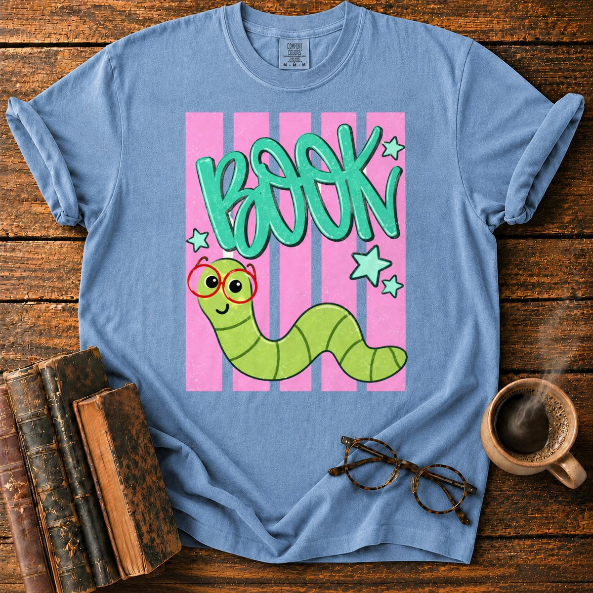 Bookworm In Retro Stripes T-Shirt in Blue Jean – BooksThreads