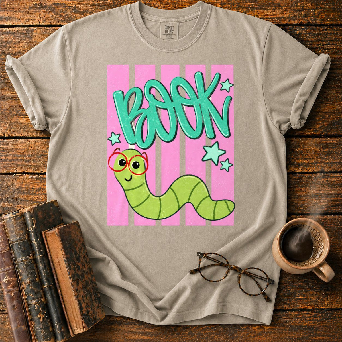 Bookworm In Retro Stripes T-Shirt in Khaki – BooksThreads