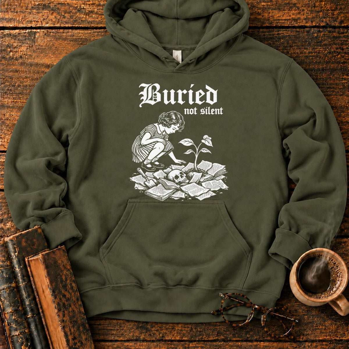 Buried Not Silent Hoodie in Military Green – BooksThreads