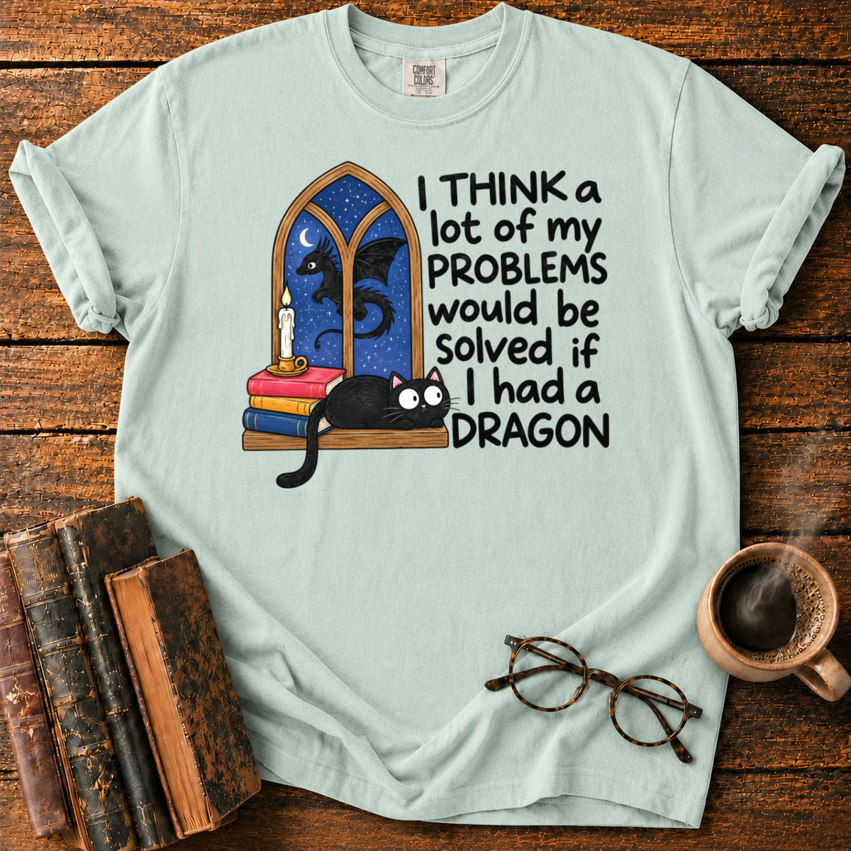 Cat, Candle, And A Midnight Dragon T-Shirt in Bay – BooksThreads