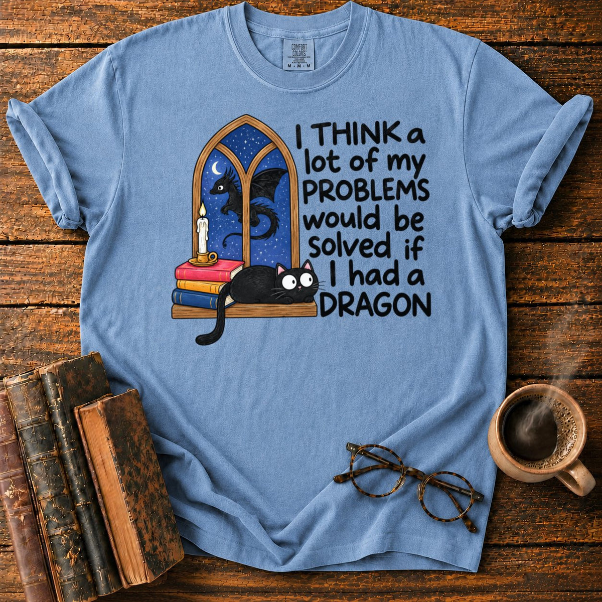 Cat, Candle, And A Midnight Dragon T-Shirt in Blue Jean – BooksThreads