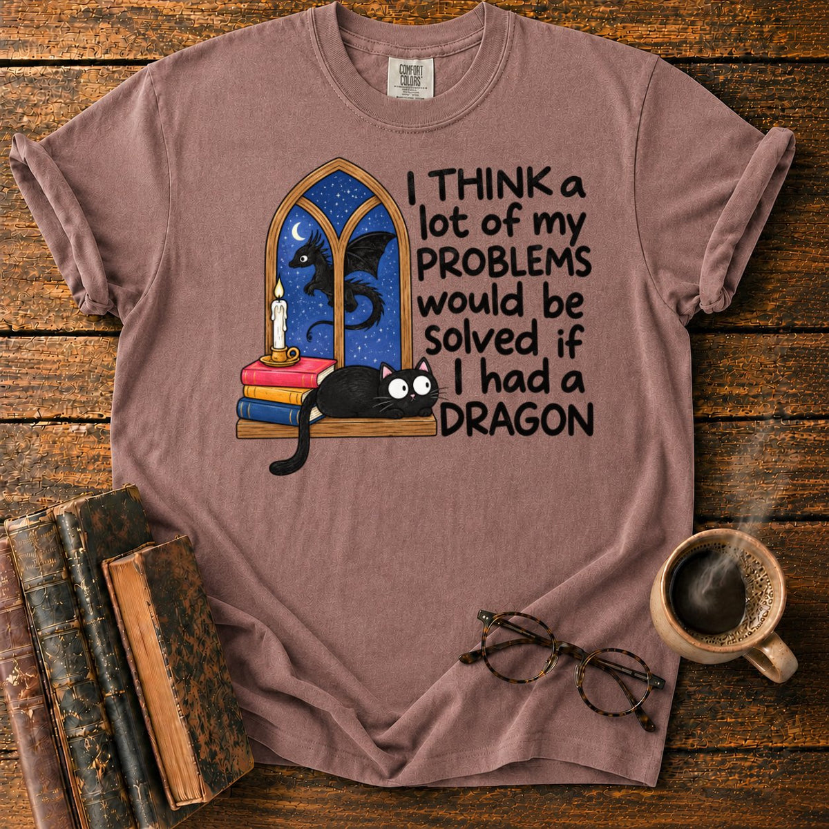 Cat, Candle, And A Midnight Dragon T-Shirt in Espresso – BooksThreads