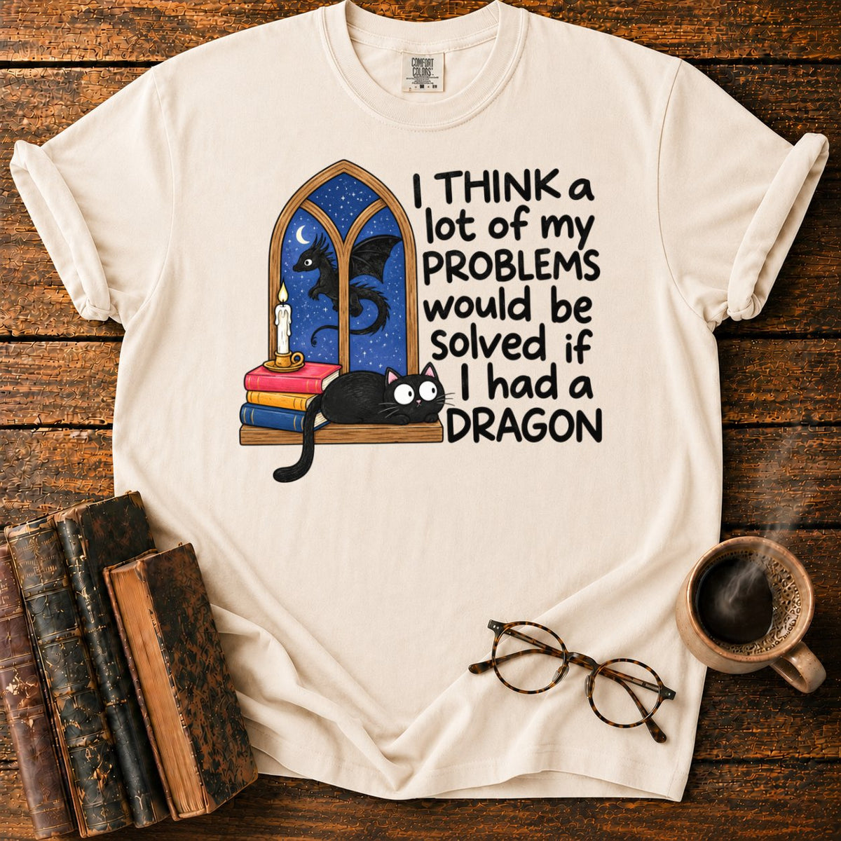 Cat, Candle, And A Midnight Dragon T-Shirt in Ivory – BooksThreads