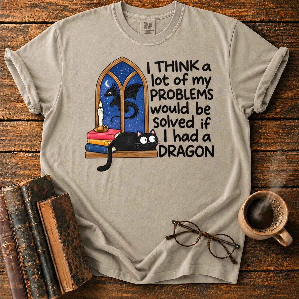 Cat, Candle, And A Midnight Dragon T-Shirt in Khaki – BooksThreads