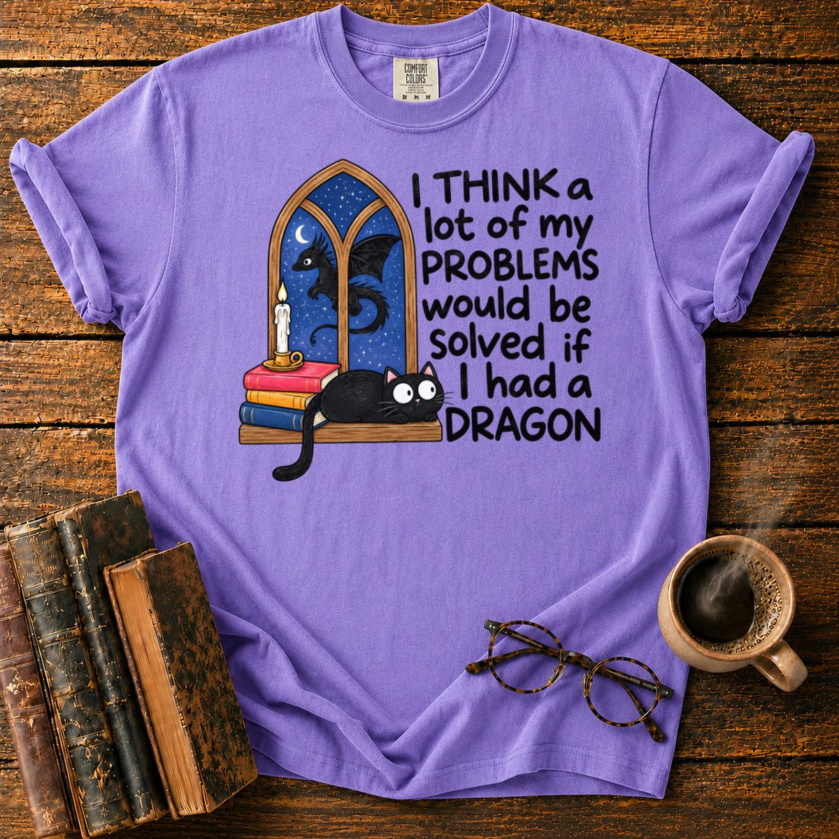Cat, Candle, And A Midnight Dragon T-Shirt in Violet – BooksThreads