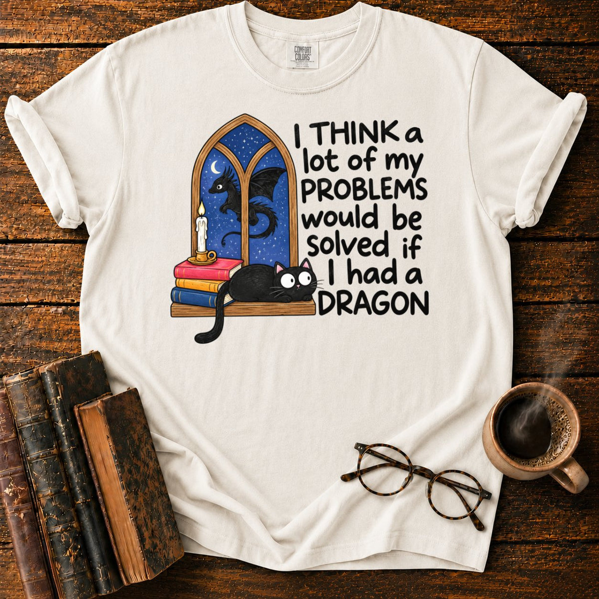 Cat, Candle, And A Midnight Dragon T-Shirt in White – BooksThreads