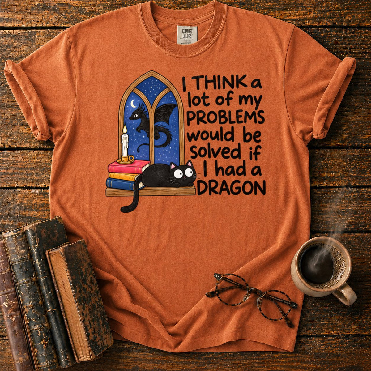 Cat, Candle, And A Midnight Dragon T-Shirt in Yam – BooksThreads