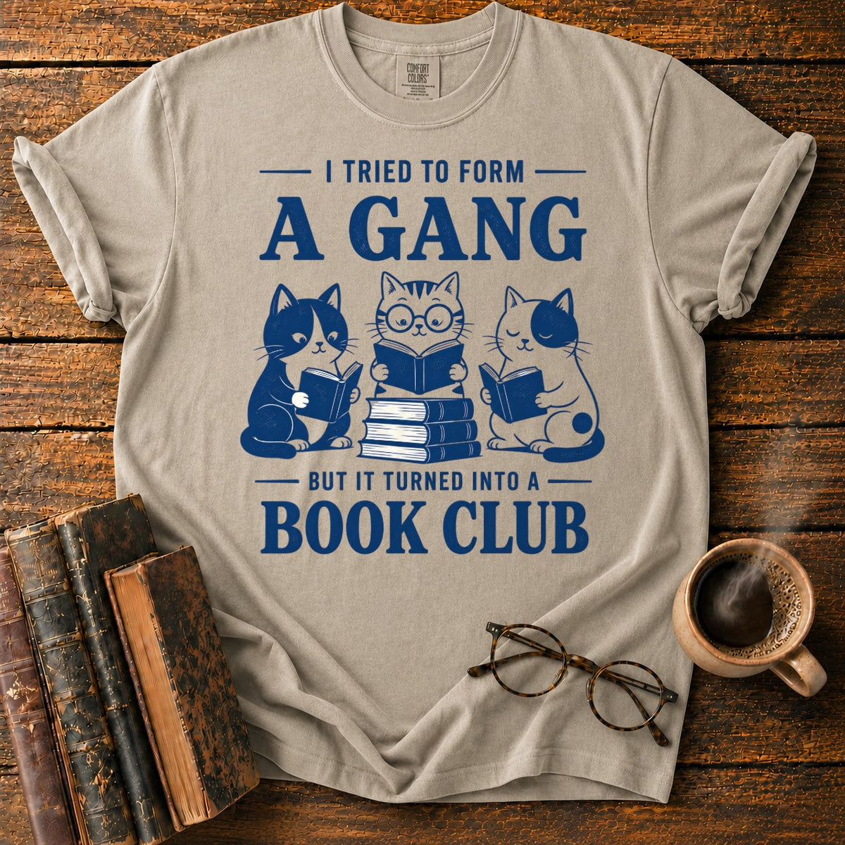 Cats Form A Book Club T-Shirt in Khaki – BooksThreads