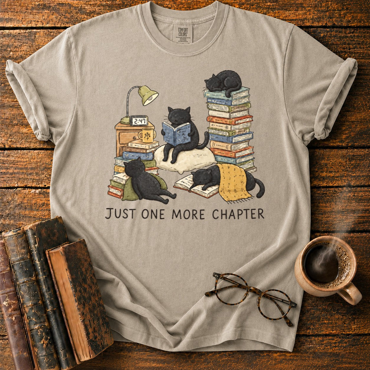 Cats, Just One More Chapter T-Shirt in Khaki – BooksThreads