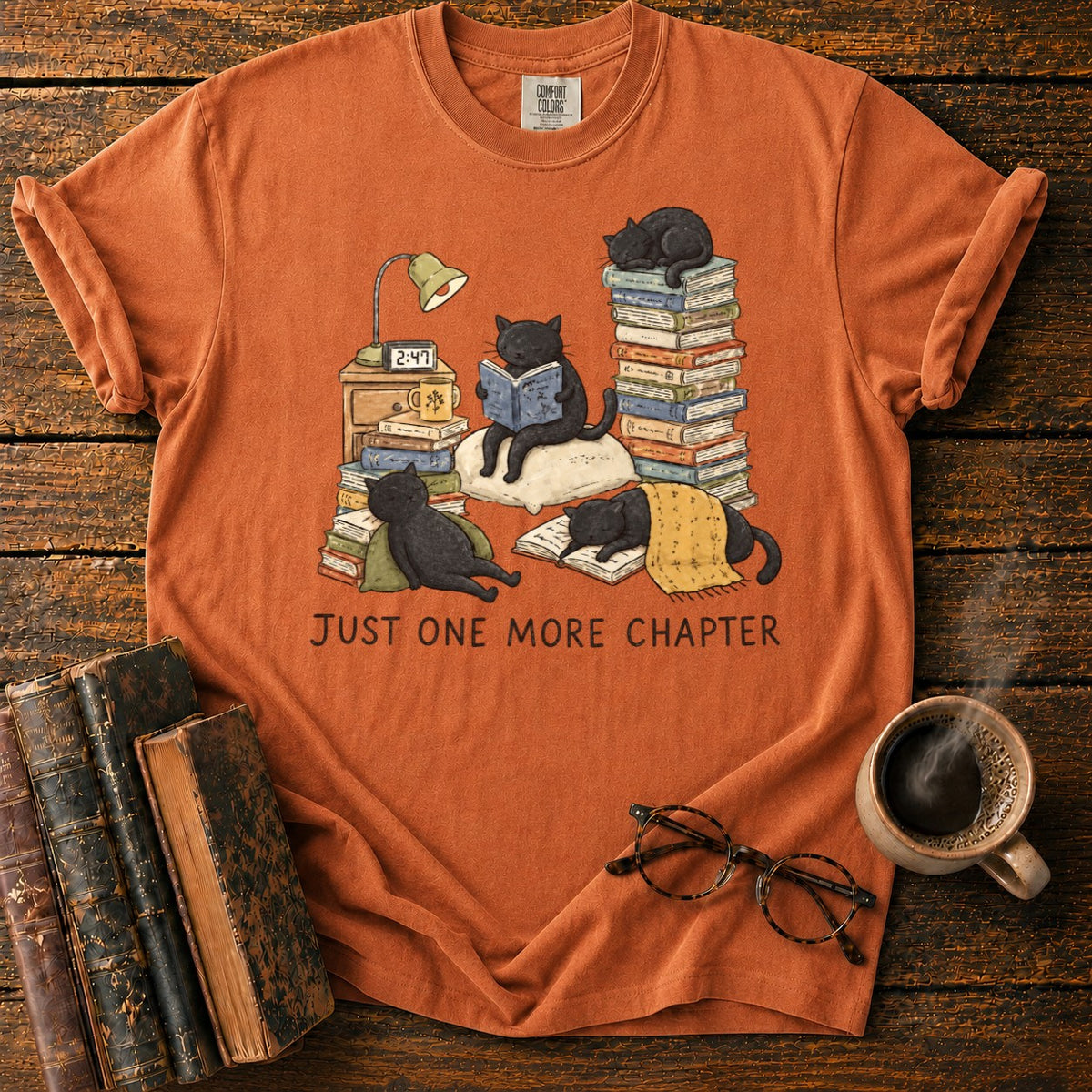 Cats, Just One More Chapter T-Shirt in Yam – BooksThreads