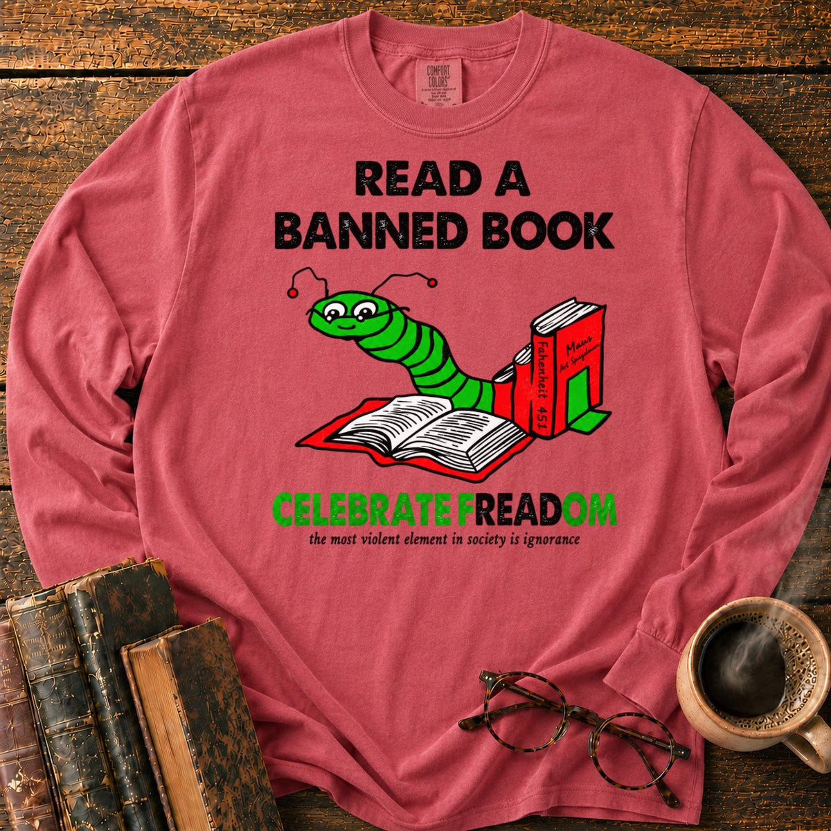 Celebrate Freadom Book Spine LS T-Shirt in Crimson – BooksThreads