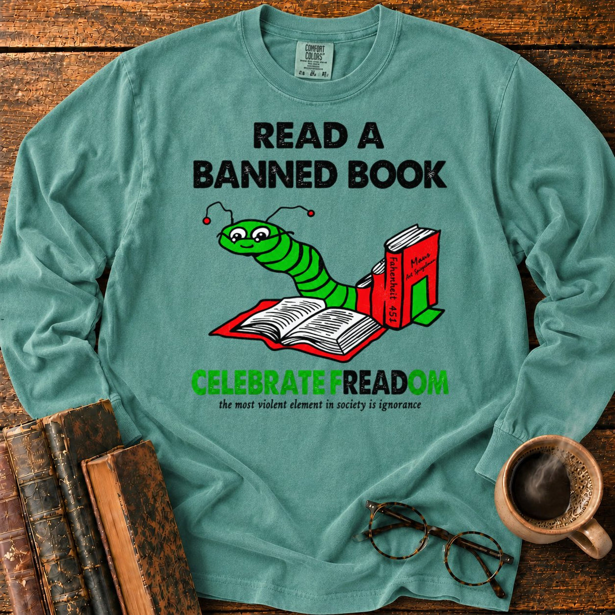 Celebrate Freadom Book Spine LS T-Shirt in Light Green – BooksThreads