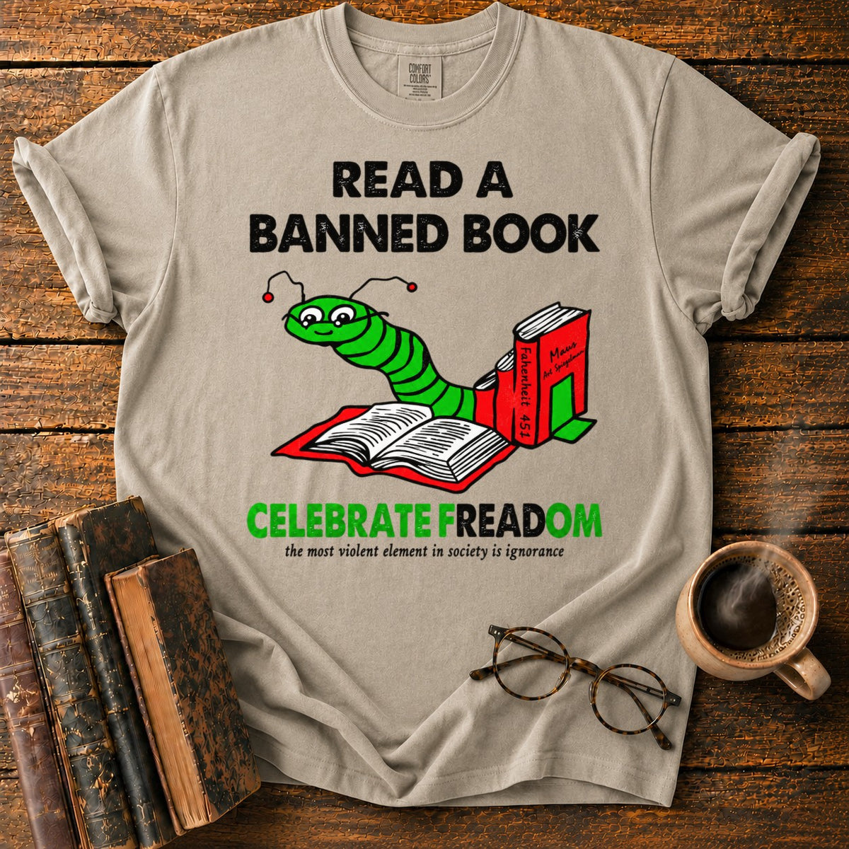 Celebrate Freadom Book Spine T-Shirt in Khaki – BooksThreads
