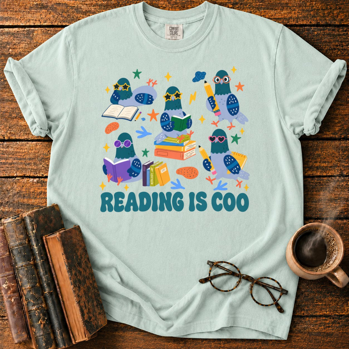 Colorful Pigeons Reading Together T-Shirt in Bay – BooksThreads
