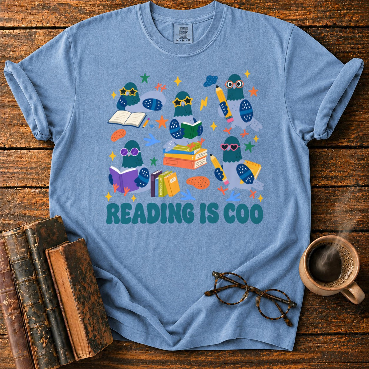Colorful Pigeons Reading Together T-Shirt in Blue Jean – BooksThreads