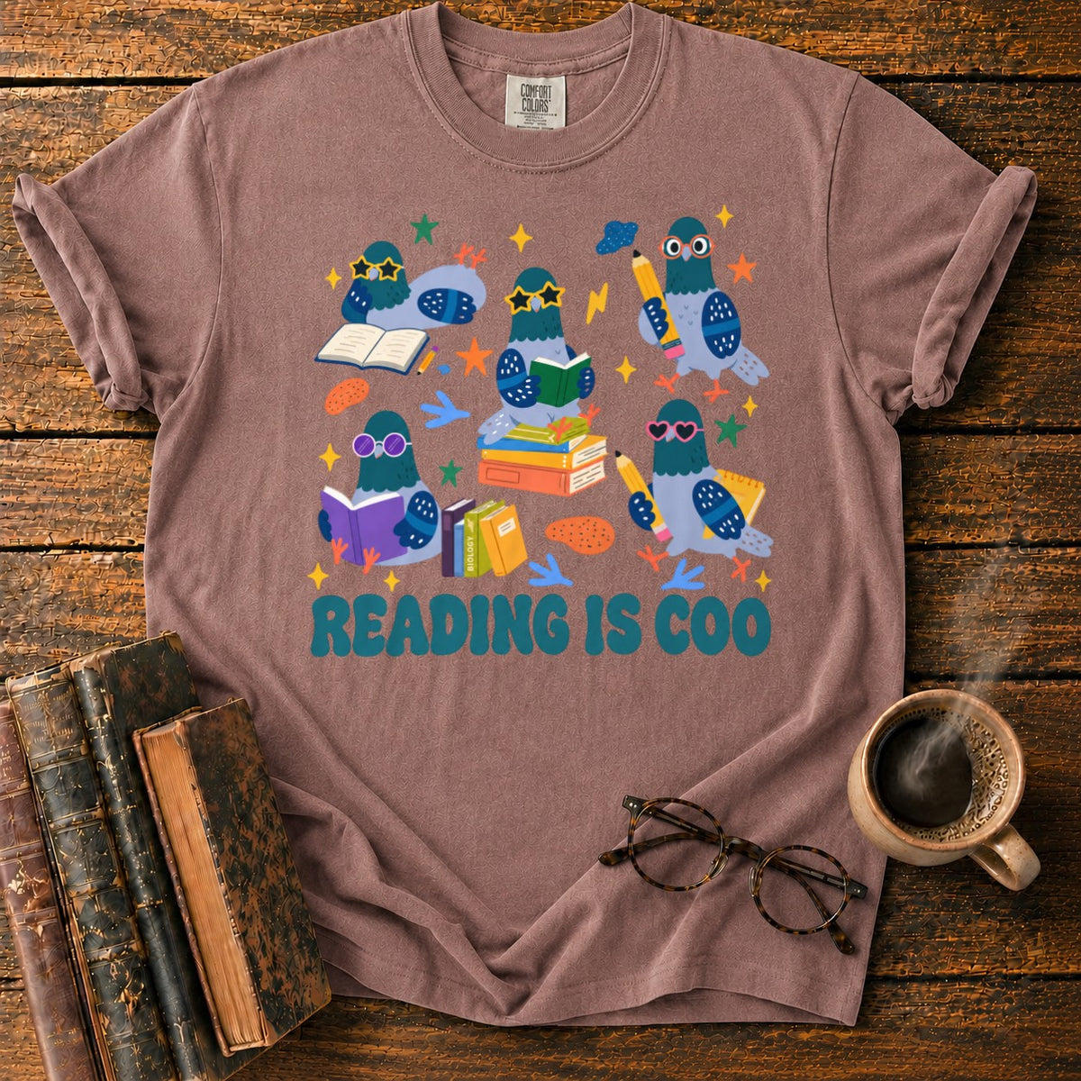 Colorful Pigeons Reading Together T-Shirt in Espresso – BooksThreads