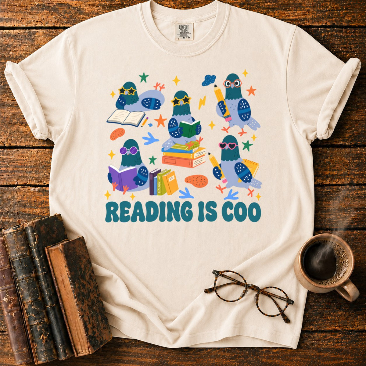 Colorful Pigeons Reading Together T-Shirt in Ivory – BooksThreads