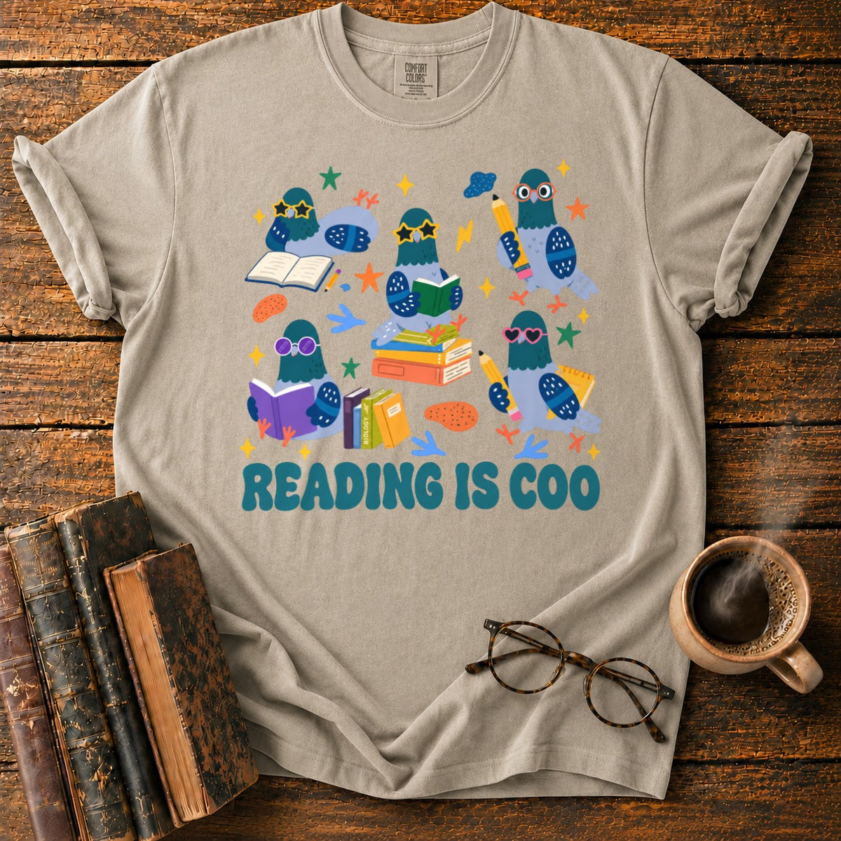 Colorful Pigeons Reading Together T-Shirt in Khaki – BooksThreads