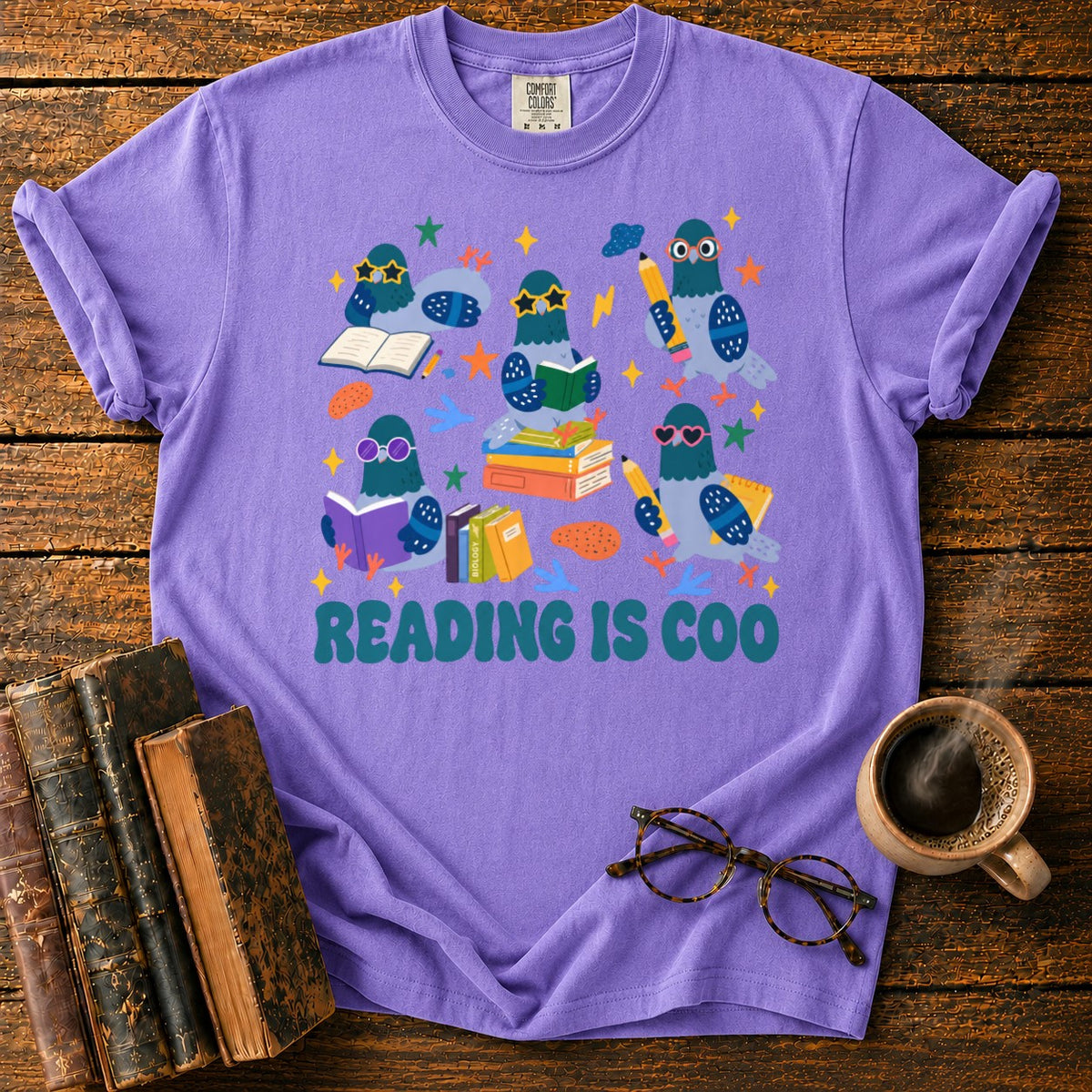 Colorful Pigeons Reading Together T-Shirt in Violet – BooksThreads