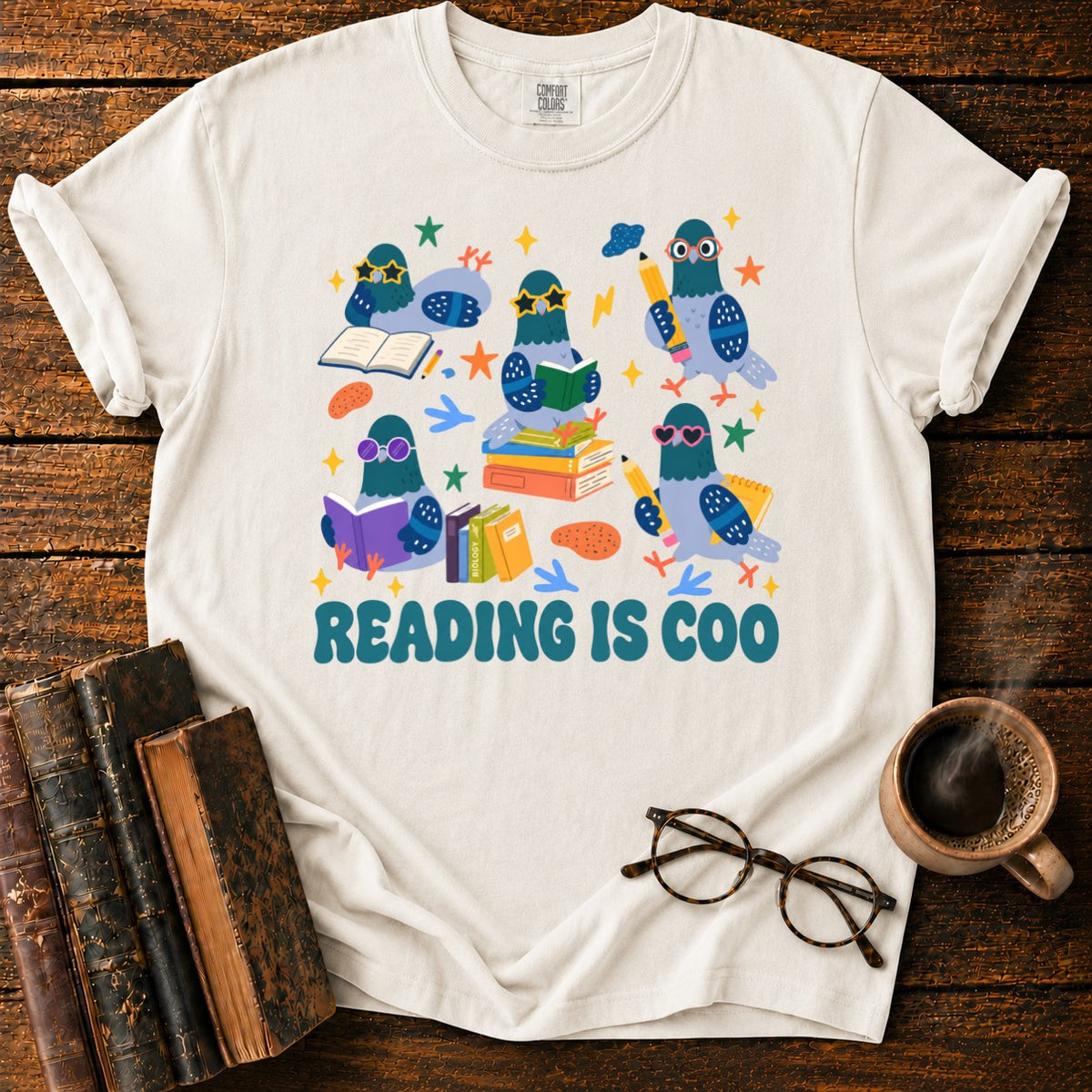 Colorful Pigeons Reading Together T-Shirt in White – BooksThreads
