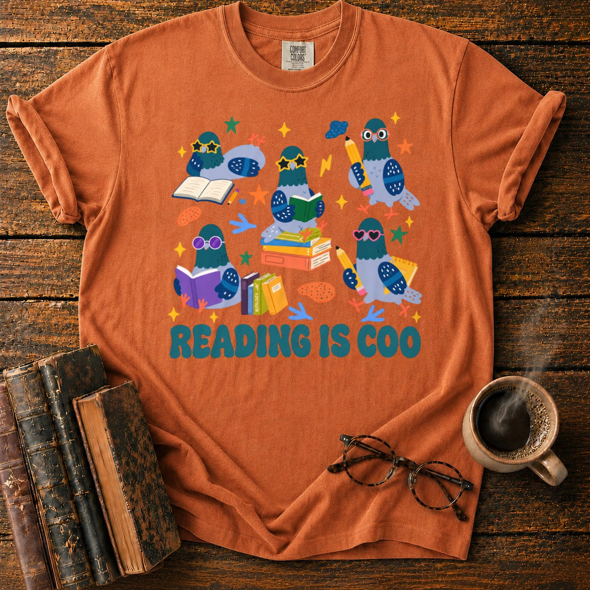 Colorful Pigeons Reading Together T-Shirt in Yam – BooksThreads
