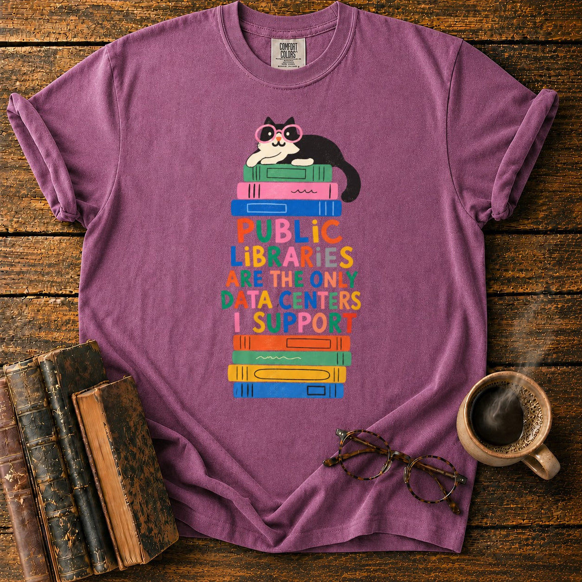 Cool Cat, Colorful Library Books T-Shirt in Berry – BooksThreads