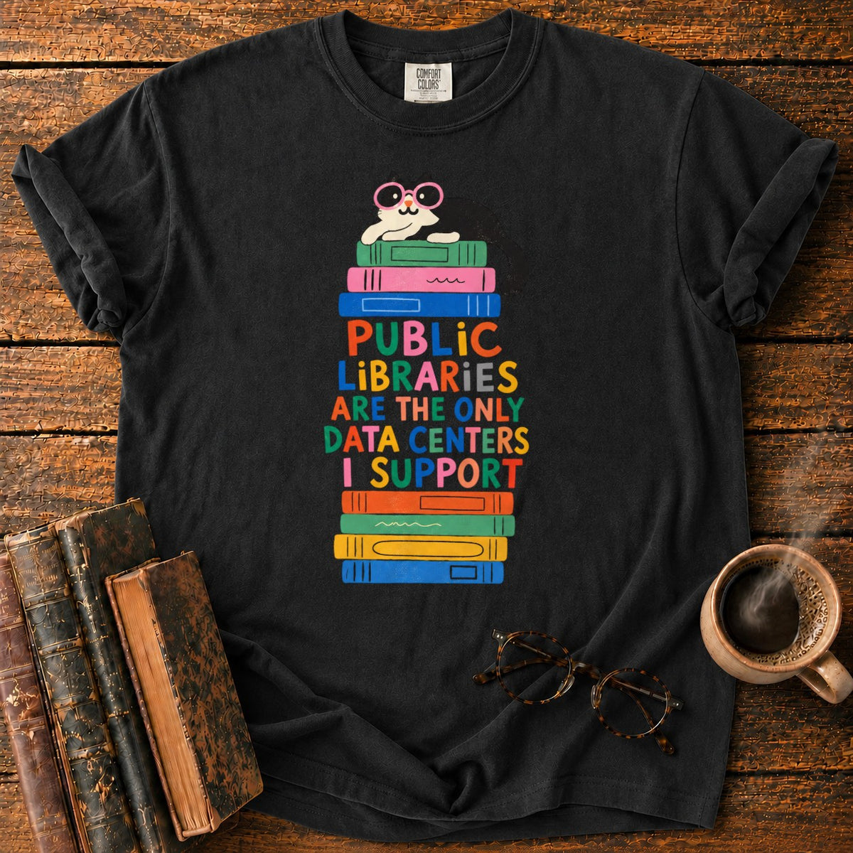Cool Cat, Colorful Library Books T-Shirt in Black – BooksThreads