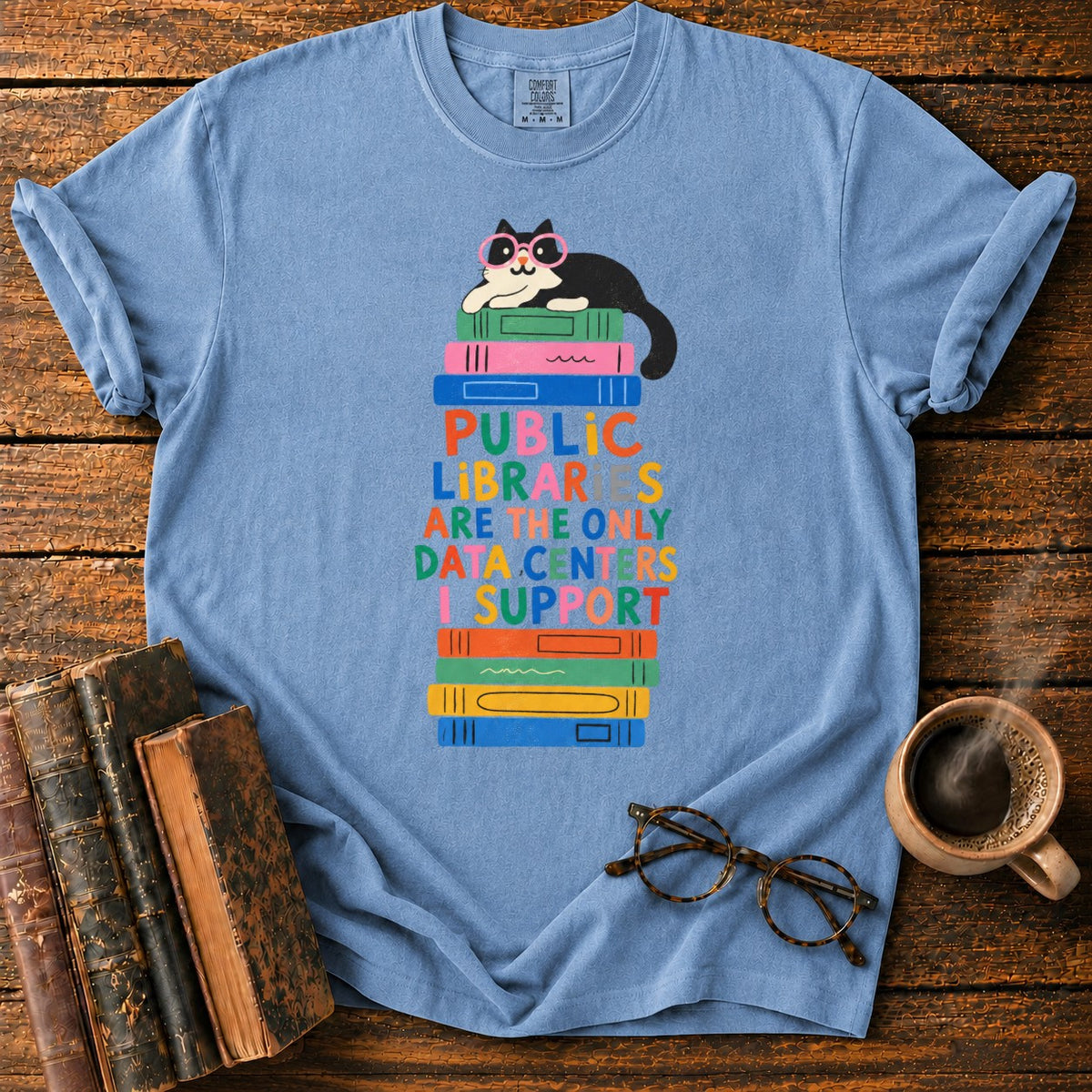Cool Cat, Colorful Library Books T-Shirt in Blue Jean – BooksThreads