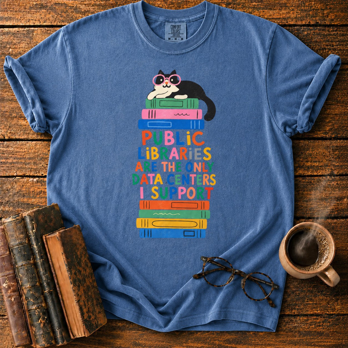Cool Cat, Colorful Library Books T-Shirt in Denim – BooksThreads