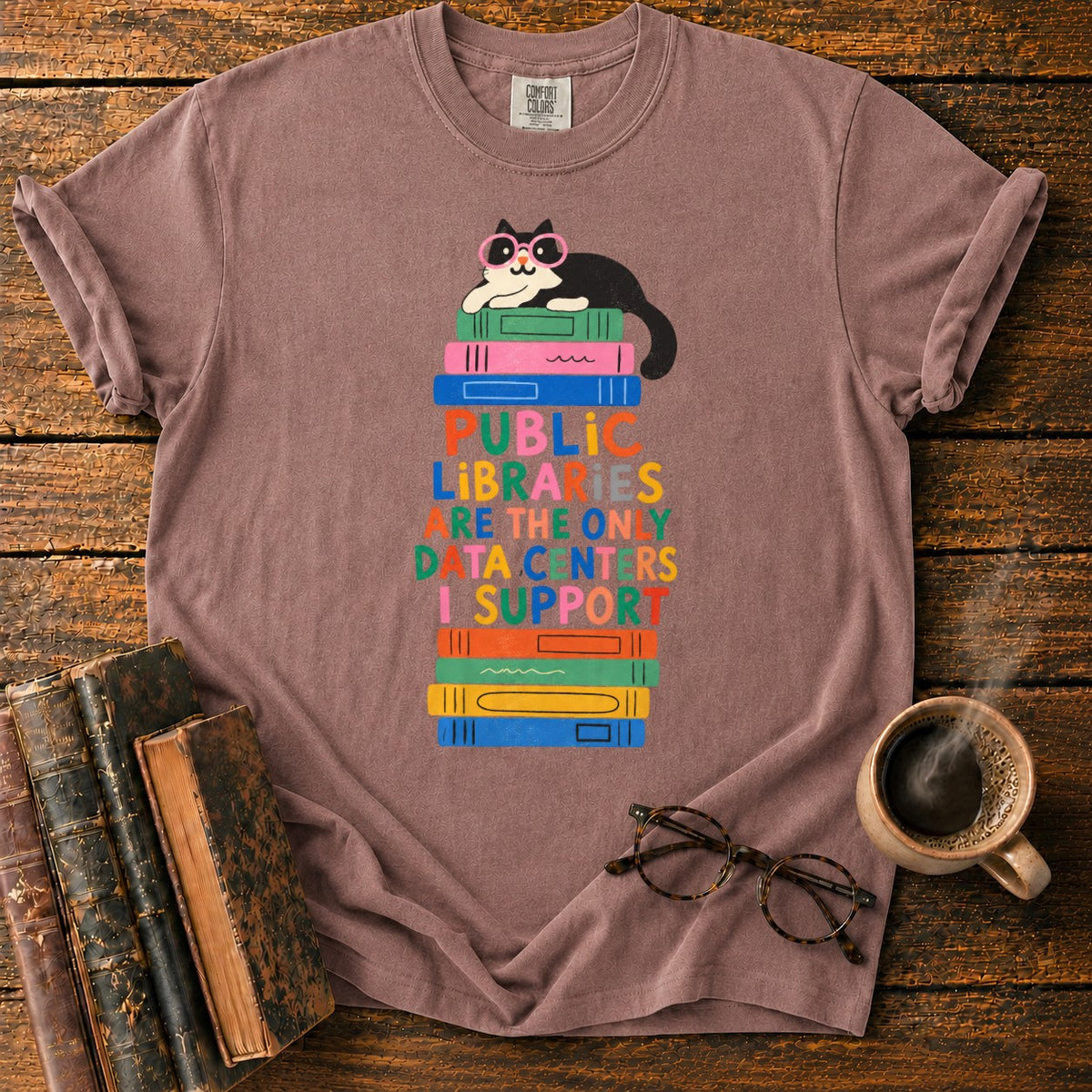 Cool Cat, Colorful Library Books T-Shirt in Espresso – BooksThreads