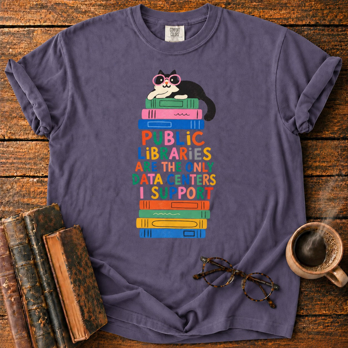 Cool Cat, Colorful Library Books T-Shirt in Grape – BooksThreads