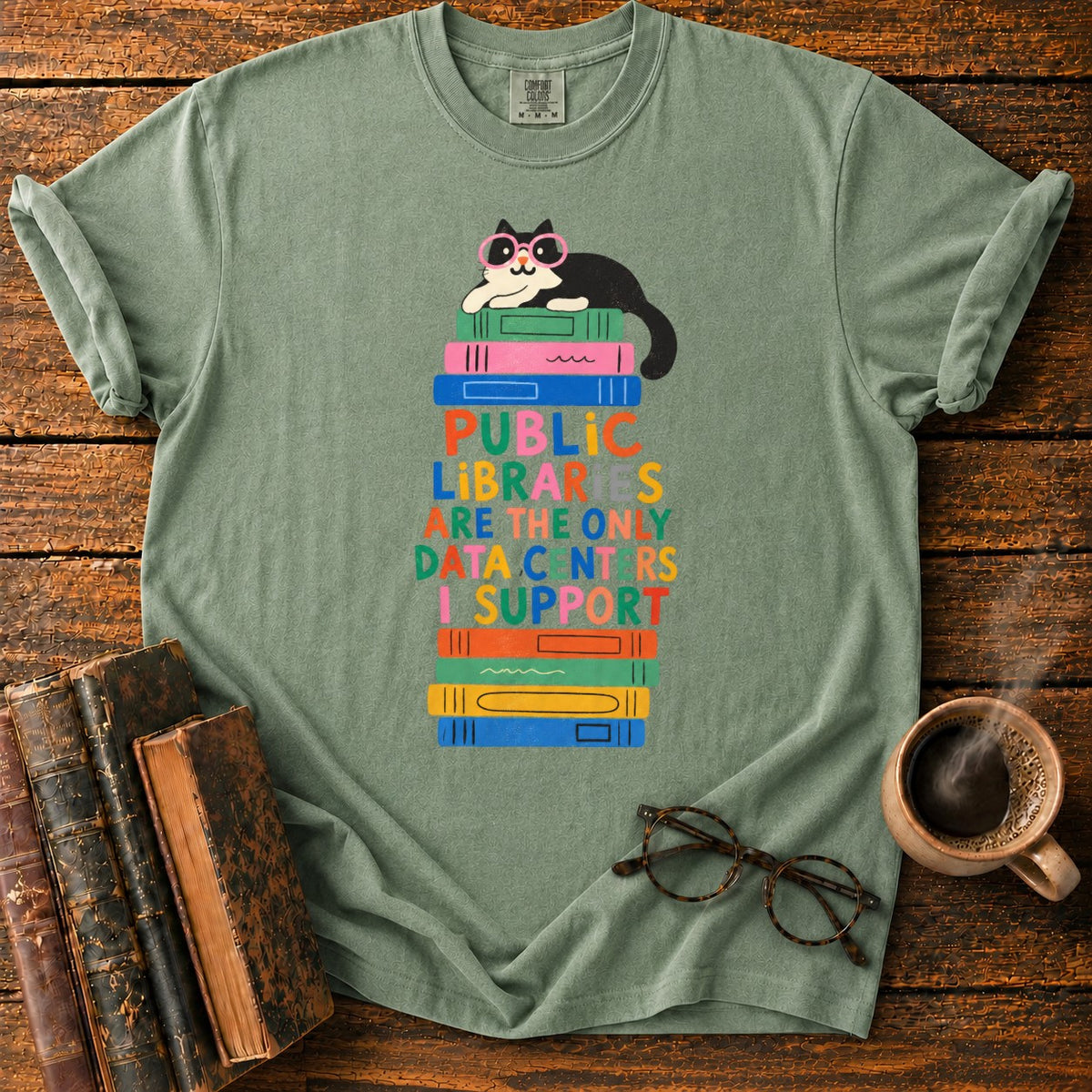 Cool Cat, Colorful Library Books T-Shirt in Moss – BooksThreads
