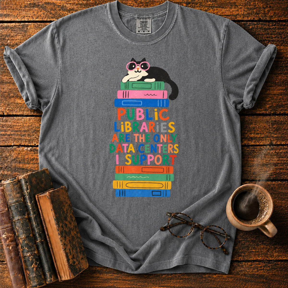 Cool Cat, Colorful Library Books T-Shirt in Pepper – BooksThreads